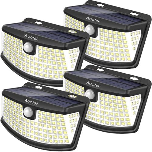 Aootek New Solar Motion Sensor Lights 120 LEDs with Lights Reflector,270° Wide Angle, IP65 Waterproof, Step Lights for Front Door, Yard, Garage, Deck (Back Button 4-Pack)