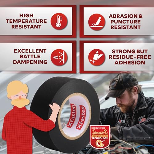 XFasten Black 3/4-Inch x 90-Feet (5-Pack) High-Heat Resistant Cloth Electrical Tape for Automotive Wire Loom