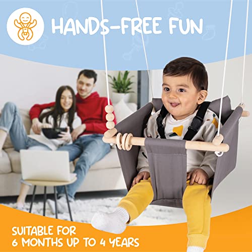 Indoor Outdoor Baby Swing with 3-Point Harness and Hardware for Ceiling, Porch, Doorway, Canvas Baby Swing Outdoor Toddler Swing Seat Dark Gray