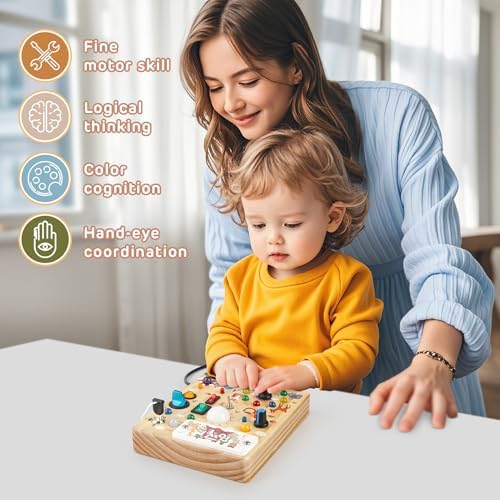 Joyreal Wooden Busy Board with LED Lights, Montessori Sensory Toys for Toddlers, Activity Fidget Board Travel Toys for Fine Motor Skills & Learning, Gifts for 1-3 Year Old Boys & Girls (Forest Theme)