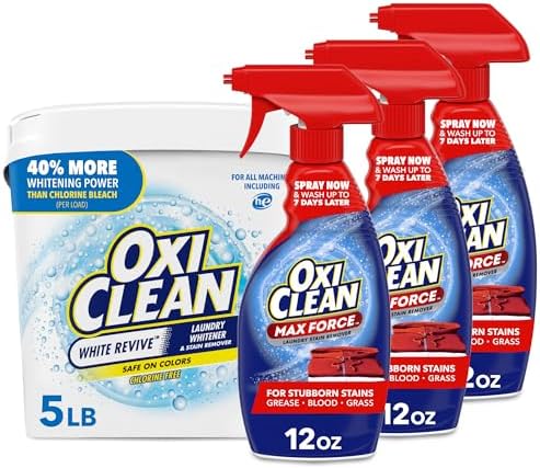 Bundle of OxiClean White Revive Laundry Whitener and Stain Remover Powder, 5 lb + OxiClean Max Force Laundry Stain Remover Spray, 12 Fl. Oz, 3-Pack