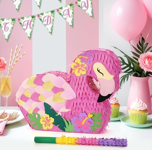 WERNNSAI Flamingo Piñata - Pink Piñata Bundle with Blindfold and Bat for Girls Kids Tropical Flamingo Theme Birthday Party Supplies Summer Pool Party Decorations for Fiestas Baby Shower