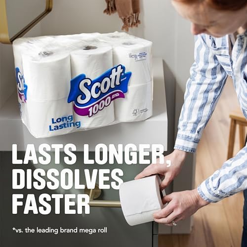 Scott 1000 Toilet Paper, 18 Rolls, Septic-Safe, 1-Ply Toilet Tissue