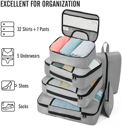 Veken 8 Set Packing Cubes for Travel Essentials, Suitcase Organizer Bags in 4 Sizes, Carry-On Luggage Accessories with Large Laundry & Hanging Toiletry Bag, Must-Have for Airplane, Road Trip & Camping