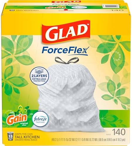 Glad ForceFlex Tall Kitchen Trash Bags, 13 Gallon, Gain Original, 140 Count (Package May Vary)