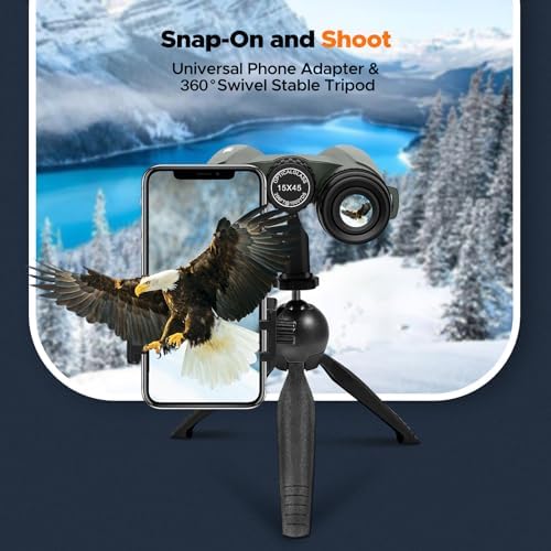 Adorrgon 15x45 HD Binoculars for Adults High Powered with Phone Adapter, Tripod and Tripod Adapter - Large View Binoculars with Clear Low Light Vision for Bird Watching Cruise Travel