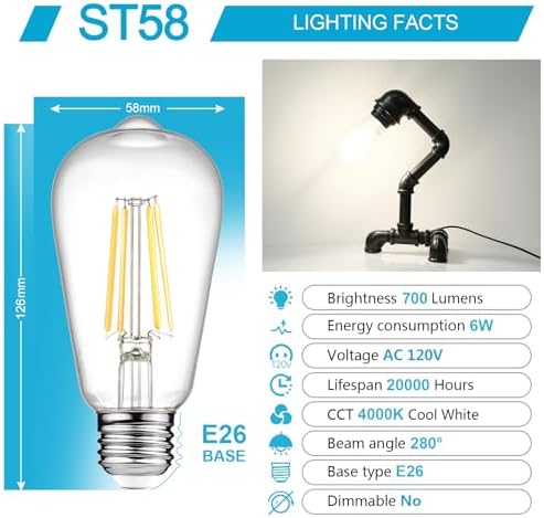 Ascher Vintage LED Edison Bulbs, 6W, Equivalent 60W, Non-Dimmable, High Brightness Cool White 4000K, ST58 Antique LED Filament Bulbs with 80+ CRI, E26 Medium Base, Clear Glass, Pack of 6