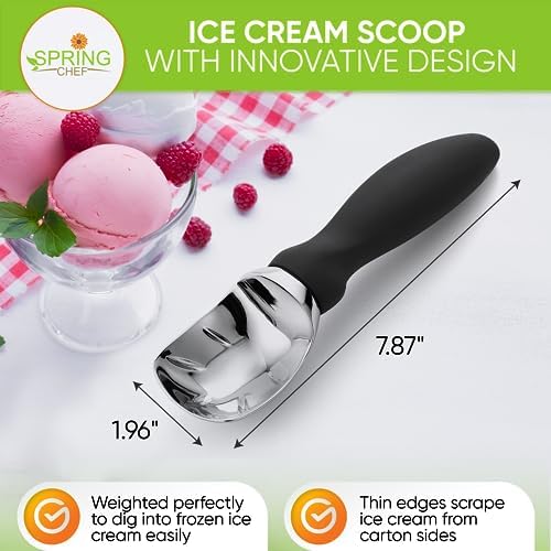 Spring Chef Ice Cream Scoop with Soft Grip Handle, Professional Heavy Duty Sturdy Scooper, Premium Kitchen Tool for Cookie Dough, Gelato, Sorbet, Black, 2 Pack