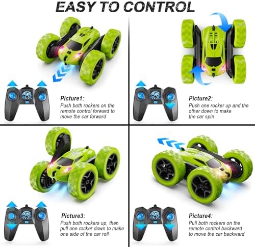 Remote Control Car for Kids Ages 6+, RC Cars Stunt Car Toy 4WD Double Sided 360° Rotating Remote Control with Headlights, Birthday Xmas Gifts for Boys 6 7 8 9 10 11 12 Green