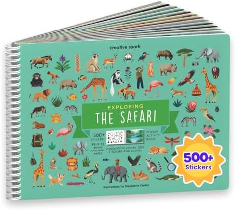 Cupkin Safari Animal Sticker Book Activity for Kids, Toddler Airplane Travel Essentials, 500+ Stickers for Kids + 12 Scenes + 12 Coloring Book Pages, Animal Lover Children's Gift, Crafts Ages 2-8