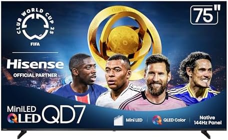 Hisense 75" Class QD7 Series Mini-LED 4K UHD Smart Fire TV (75QD7QF, 2025 Model) - QLED, Native 144hz, HDR10+, Dolby Vision, Dolby Atmos, Game Mode Pro, ALLM, Alexa Built in with Voice Remote, Black