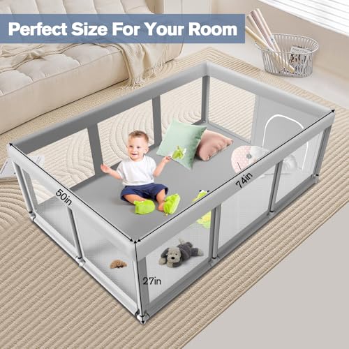 Large Baby Playpen for Babies and Toddlers, Playpen 74×50, Large Baby Play Yards Indoor & Outdoor, Sturdy Safety Baby Play Pen with Soft Breathable Mesh, Toddlers Activity Center with Anti-Slip Base