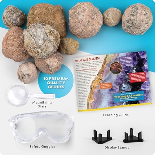 National Geographic Break Open 10 Premium Geodes – Includes Goggles & 2 Display Stands - Great STEM Science Kit, Geology Gift for Kids, Break Your Own Geodes with Crystals