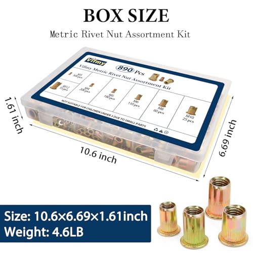 Metric Rivet Nut Assortment Kit(890 Pcs), M3 M4 M5 M6 M8 M10 M12 Flat Head Rivnut Set, Zinc Plated Finish Carbon Steel Nutsert