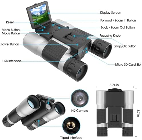ZZSTAR 12x32 Binoculars with Built-in Camera, High Powered Binoculars for Adults, 2" LTPS Display 5MP 1080P Video Photo Recorder for Bird Watching Travel Concert, with 32GB Micro SD Card, Silver
