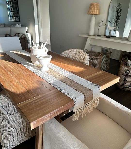 Fexia Boho Table Runner for Home Decor with Tassels 90 Inch Cream & Brown Macrame Runner for Dining & Bedroom Baby Bridal Shower Decor(12x90 Inches)