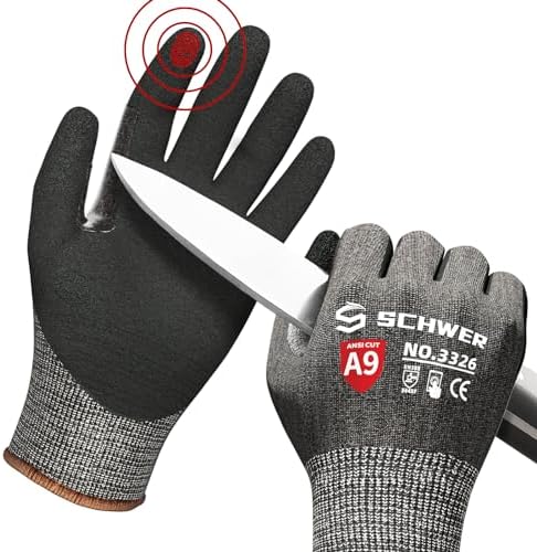 Schwer ProGuard Highest Level Cut Resistant Work Gloves PR3326 for Extreme Protection,ANSI A9 Cut Gloves with Reinforced Thumb, Non Slip, Breathable, Durable, Touch-screen, Non PFAS, Black 1 Pair(L)