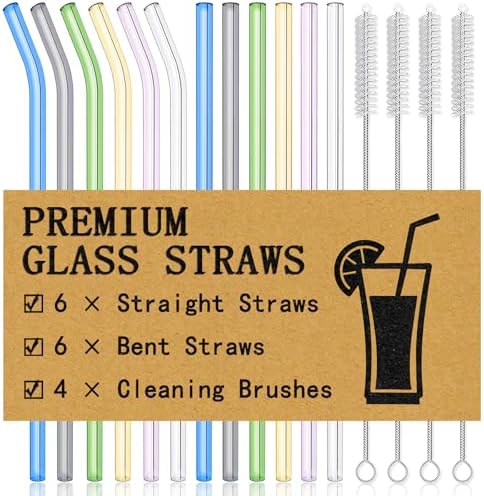Piteno® 16-Pack Reusable Glass Drinking Straws, 10''x10MM, Set of 6 Straight and 6 Bent with 4 Cleaning Brushes, Perfect for Smoothies, Milkshakes, Juice, Tea (Rainbow)