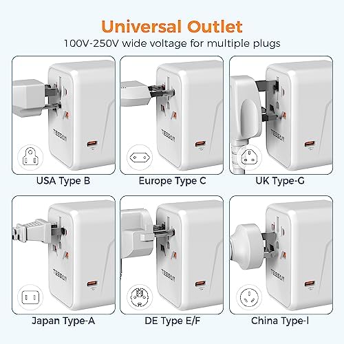 TESSAN Universal Travel Adapter, 45W International Plug Adaptor with 2 USB C 3 USB A Ports, Travel Worldwide Power Outlet for US to European EU UK AUS Ireland(Type C/G/A/I)