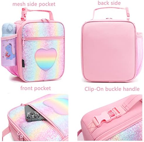 FlowFly Kids Lunch box Insulated Soft Bag Mini Cooler Back to School Thermal Meal Tote Kit for Girls, Boys, Glitter-RainBow