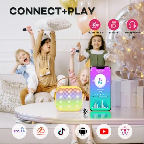 YLL Mini Karaoke Machine for Kids Adults, Portable Bluetooth Speaker with 2 Wireless Microphones, Birthday Gifts Toys for Girls Boys Ages 3, 4, 5, 6, 7, 8, 9,10,11,12+ Years Old Toddler (Yellow)