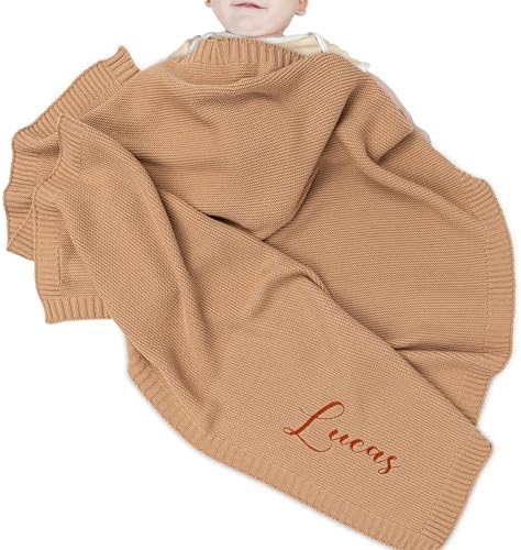 Personalized Baby Blanket, 100% Organic Cotton GOTS Certified, Custom Baby Blanket with Name, Customized Swaddle Blanket with Name, Knit Recieving Blankets for Boys and Girls