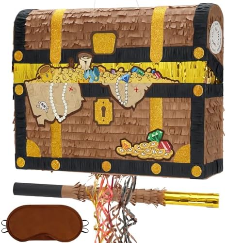 WERNNSAI Treasure Chest Piñata - Pull String Pirate Themed Piñata with Blindfold and Bat Adventure Birthday Party Decoration for Boys Kids Family Games Piñata Adventure Theme Party Supplies