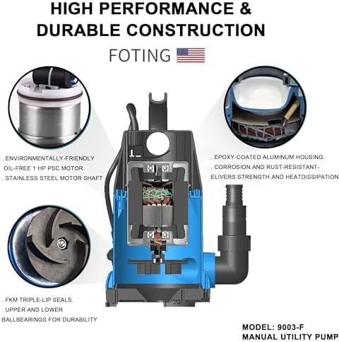 FOTING Sump Pump 1HP Clean/Dirty Submersible Water Pump, 4600GPH Utility Pump Thermoplastic Electric Portable Transfer Water Pump for Swimming Pool Garden Pond Basement with 10ft Long Power Cord