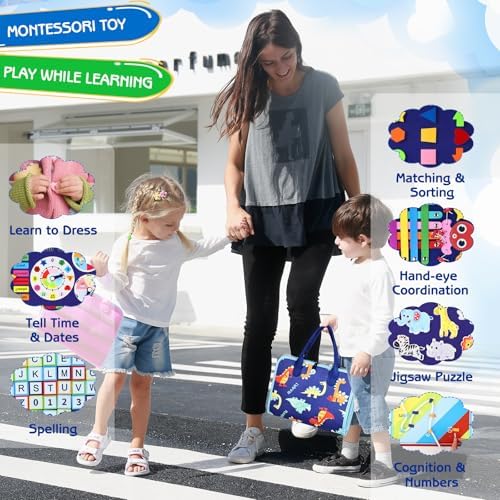 Esjay Toddler Busy Board Montessori Toys for Boys, Sensory Board Educational Activities for Learning Fine Motor Skills, Birthday Gifts for Boys Toddlers, Travel Toys for Airplane Car, Blue Dinosaur