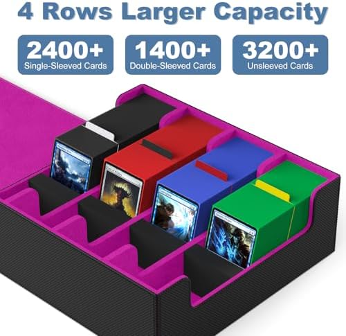 Mlikero Card Deck Case, 2400+ Trading Card Storage Box with 10 Colorful Dividers and 4 Foam Stoppers, Leather Magnetic Closure Commander Deck Box Fit for MTG, TCG (4 Rows, Black&Purple)
