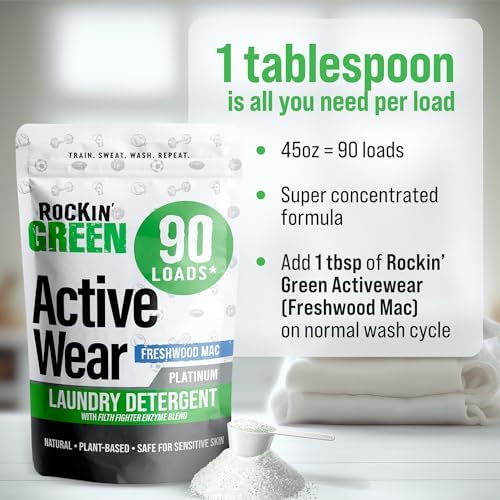 Rockin' Green Laundry Detergent, Plant based, All Natural Laundry Detergent Powder, Vegan and Biodegradable Odor Fighter, Safe for Sensitive Skin (Active Wear 90 Loads - Freshwood Mac)