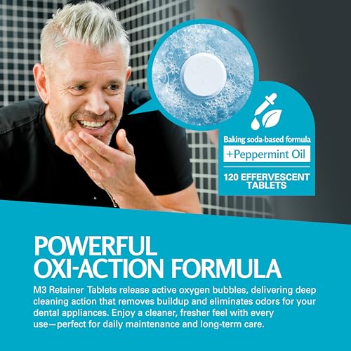 Retainer Cleanser Tablets Invisalign Cleaner, Removes Odors Discoloration Stains and Plaque 4 Month Supply Denture Cleansers Retainers Mouth Guards Denture Bath Mint by M3 Naturals