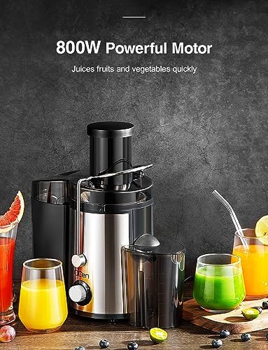 Qcen Juicer Machine, 800W Centrifugal Juicer Extractor with Wide Mouth 3” Feed Chute for Fruit Vegetable, Easy to Clean, Stainless Steel, BPA-free (Black)