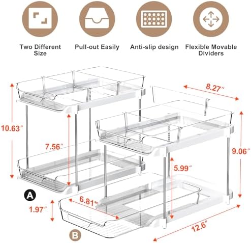 Delamu 2 Sets of 2-Tier Multi-Purpose Bathroom Under Sink Organizers and Storage, Stackable Kitchen Pantry Organization, Pull Out Medicine Cabinet Organizer with 8 Movable Dividers