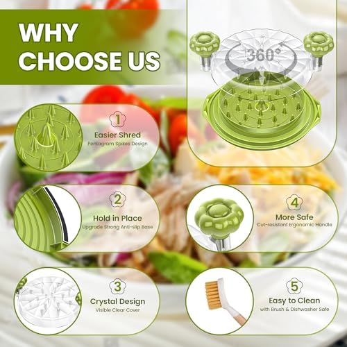 Chicken Shredder Tool Twist Large - 10'' Pro Meat Shredders for Chicken Breast,Visible Kitchen Gadgets Grinder Machine with Brush,Strong Anti-Slip Strip,Ergonomic Handle,BPA Free (Green)