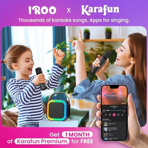 IROO Mini Karaoke Machine for Kids, 2025 TOP Toys Birthday Gifts Ideas for Girls Ages 4, 5, 6, 7, 8, 9, 10, 12+ Years Old, Portable MP3 Player with 2 Wireless Mics for Party(Black)