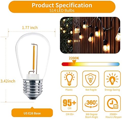 Meconard 24 Pack LED S14 Replacement Light Bulbs, Shatterproof Outdoor 1 Watt to Replace 11Watts String Incandescent Bulb, E26 Regular Medium Screw Base, 2200K Warm White, Non-Dimmable