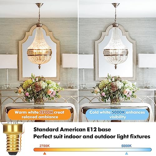 Dimmable E12 Candelabra LED Light Bulbs 40W Equivalent, 2700K Soft Warm White Chandelier Light Bulbs, 4W 460 LM Flame Tip Candle Light Bulbs, 12-Pack