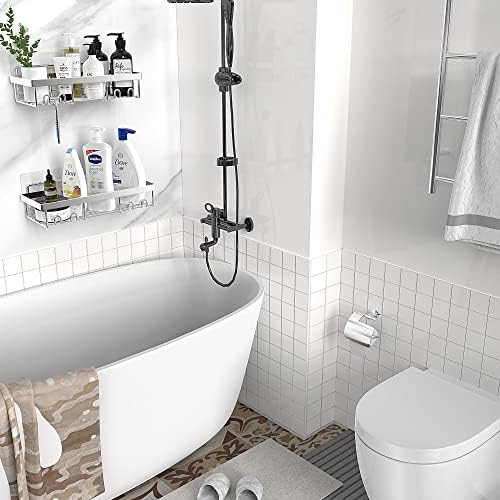 Moforoco Shower Caddy Shelf Organizer Rack, Self Adhesive Black Bathroom Shelves Basket, Home Farmhouse Wall Inside Organization and Storage Decor Rv Accessories, First Camper Apartment Essentials