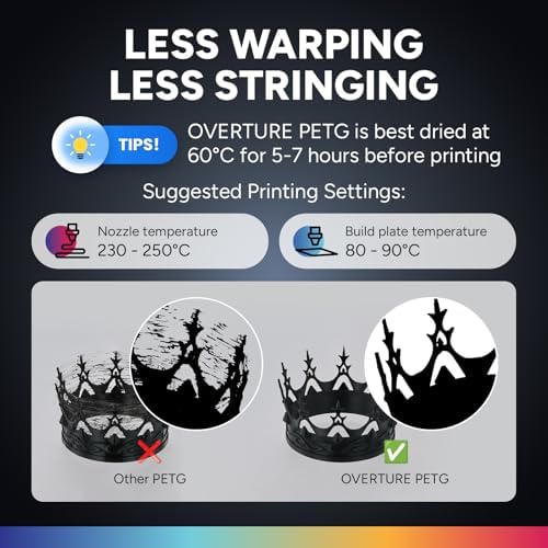 OVERTURE PETG 3D Printer Filament 1.75mm, Neatly Wound Durable PETG 1kg Spool (2.2lbs), Strong Toughness Filament, Dimensional Accuracy +/- 0.02mm, Fit Most FDM Printers (Black (1-Pack))