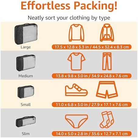 Amazon Basics Lightweight Packing Cubes Travel Organizer Set with Double Zipper, Mesh Top, Small, Medium, Large, Slim, Black, 4 Piece