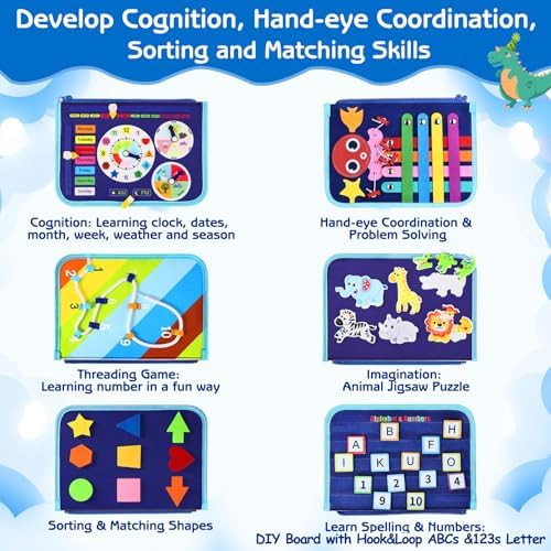 Esjay Toddler Busy Board Montessori Toys for Boys, Sensory Board Educational Activities for Learning Fine Motor Skills, Birthday Gifts for Boys Toddlers, Travel Toys for Airplane Car, Blue Dinosaur