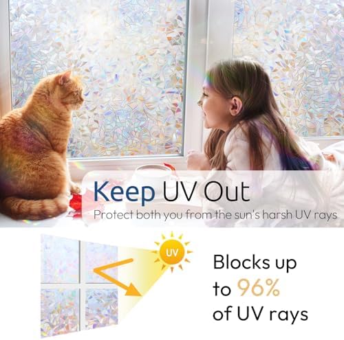 rabbitgoo Window Privacy Film Rainbow Film Decorative Window Sticker, 3D Static Stained Glass Cling Tint for Home Heat Control Non-Adhesive, 23.6 x 118.1 inches