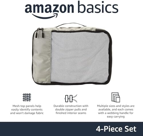 Amazon Basics 4 Piece Packing Cubes with Double Zipper and Mesh Top, Travel Organizer Set, Medium, Gray