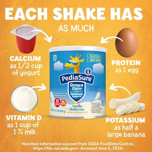 PediaSure Grow & Gain with Immune Support Shake Mix Powder, 23 Vitamins & Minerals, 6g Protein, Non-GMO, Gluten-Free, Vanilla, 14.1 oz Can, Pack of 3-24 servings