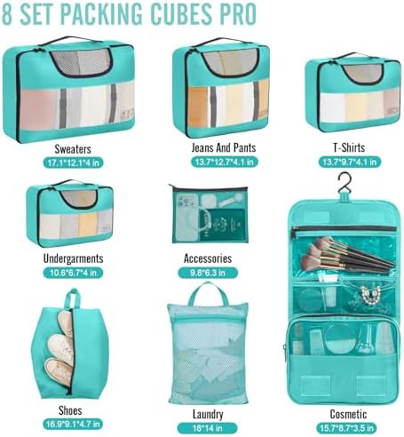 Veken 8 Set Packing Cubes for Kids & Toddler, Airplane Travel Essentials, Beach Vacation & Road Trip Suitcase Organizer Bags Set for Luggage, with Hanging Toiletry & Shoe Bag