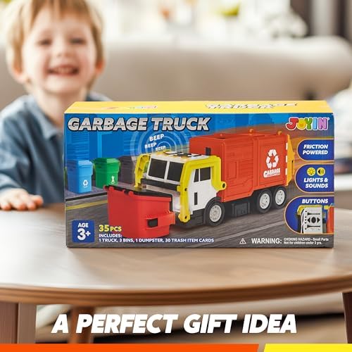 JOYIN Large Friction Powered Garbage Truck Toy Set, Includes Dumpster, Trash Bins, and Learning Cards for Kids, Orange