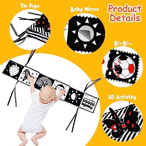 4 PCS Black and White High Contrast Baby Toys 0-3-6 Months Newborn Essential Montessori Toy for Babies Crinkle Sensory Book Brain Development Tummy Time Mirror Infant Carseat Rattle Easter Shower Gift