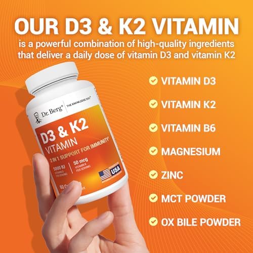 Dr. Berg Maximum Strength 7-in-1 Vitamin D3 K2 5000 IU | Naturally Derived D3 | 4X Lab-Tested & Verified | High Absorption Formula | K2 D3 Vitamin Supplement - 60 Capsules