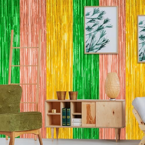 4 Pack Hawaiian Party Decorations, 3.28 FT x 7.05 FT Hawaii Tinsel Backdrop, Green Brown Yellow Foil Curtains Fringe Backdrop Party Streamer, Metallic Summer Decor Luau Party Decorations